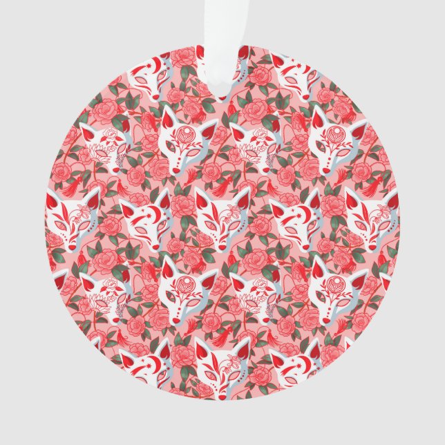 Kitsune masks and blooming camellia on pink ornament (Front)