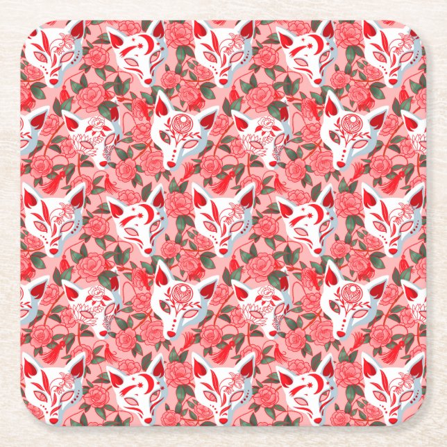 Kitsune masks and blooming camellia on pink square paper coaster (Front)