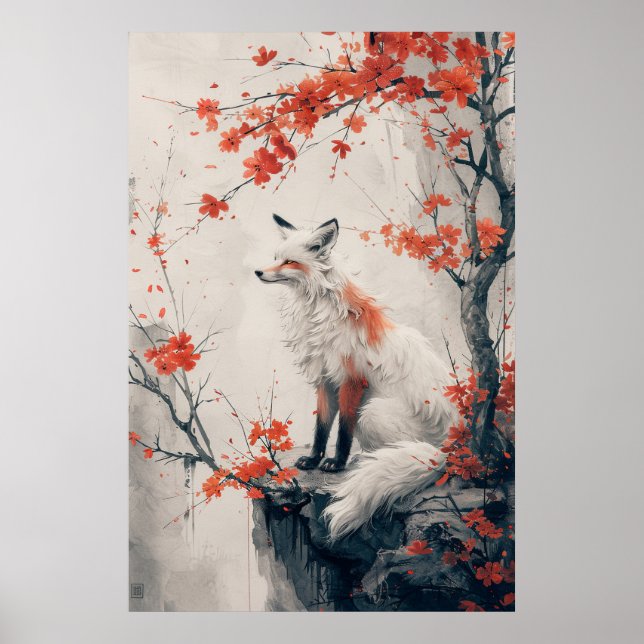 Kitsune Spirit – Japanese Fox in Blossom Forest Poster (Front)