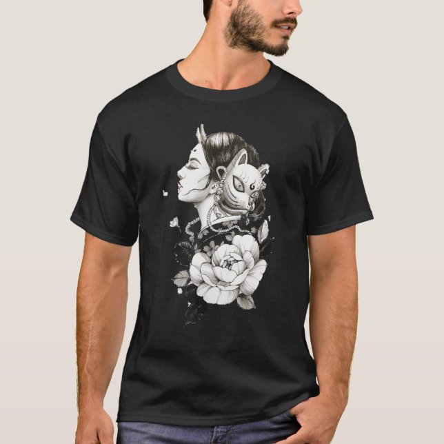Kitsune With A Fox Mask And Demon Horns T-Shirt (Front)