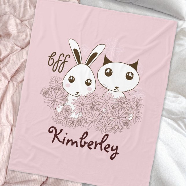 Kitten and Bunny Animal Friends Pink Kids Girls Fleece Blanket (Creator Uploaded)