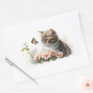 Kitten and Butterfly In Garden Rectangular Sticker