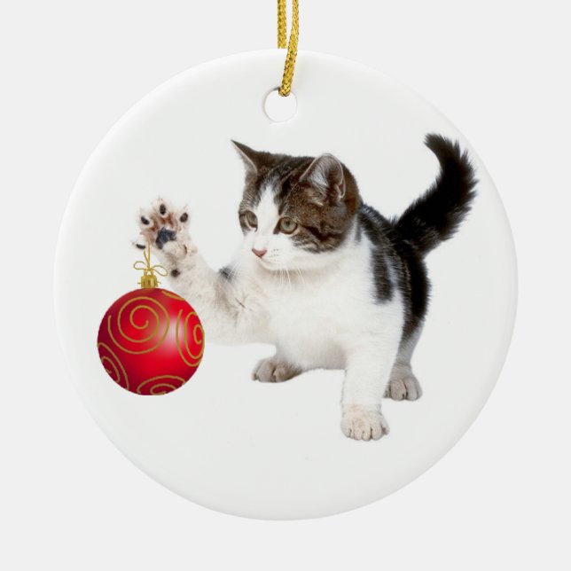 Kitten and Christmas ball Ceramic Tree Decoration (Front)