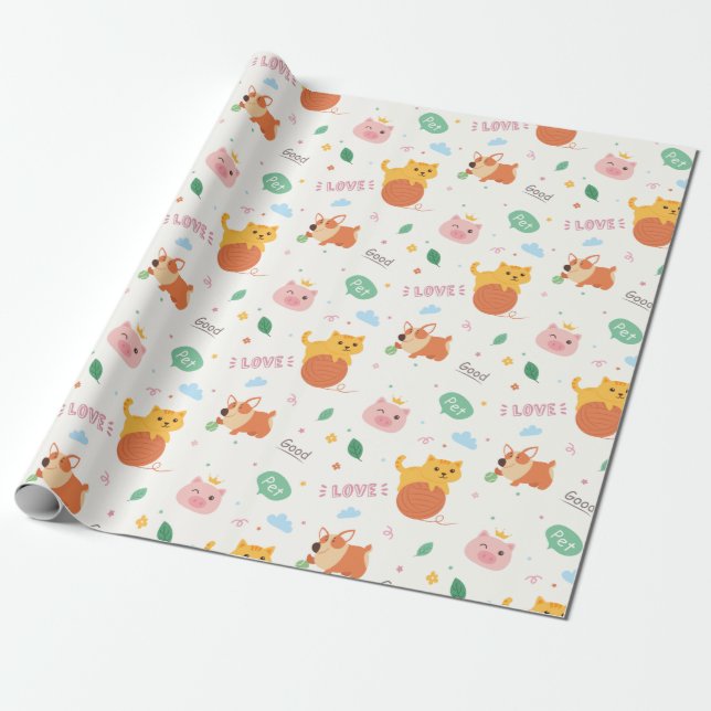 Kitten and Corgi Puppy Wrapping Paper (Unrolled)