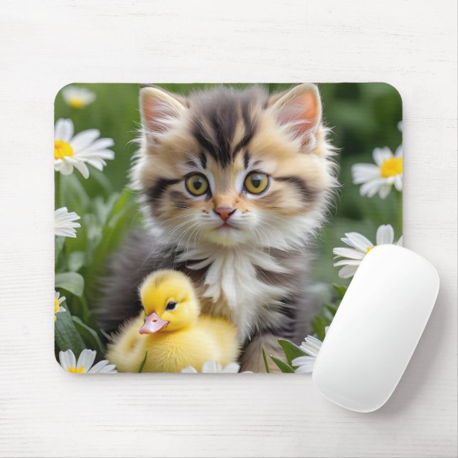 Kitten and Duckling In Daisies Mouse Mat (With Mouse)