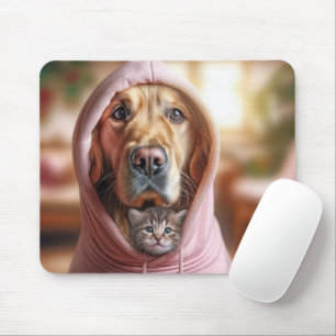 Kitten and Golden Retriever In a Pink Hoodie Mouse Mat