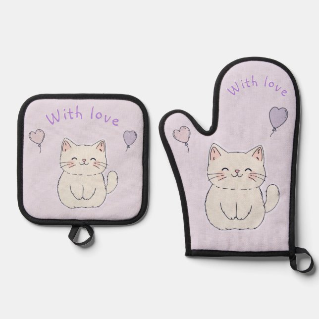  Kitten and hearts, personalized Oven Mitt & Pot Holder Set (Front)
