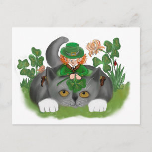Kitten and Leprechaun Find a Four Leaf Clover Postcard