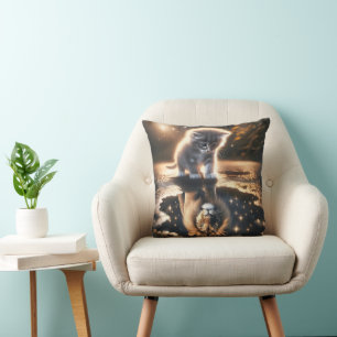 Kitten and Lion Puddle Reflection Cushion