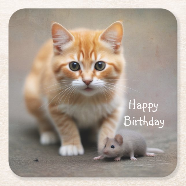 Kitten and Mouse  Square Paper Coaster (Front)