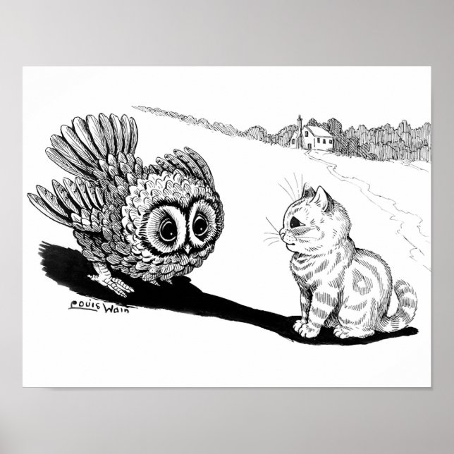 Kitten and Owl, Louis Wain Poster (Front)