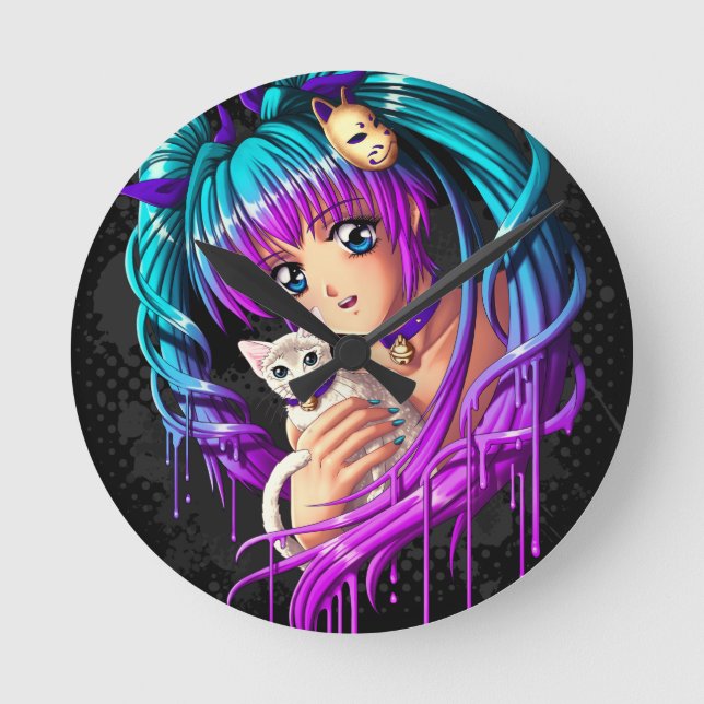 Kitten and Pigtail Manga Girl Round Clock (Front)