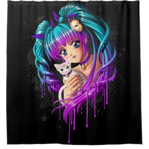 Kitten and Pigtail Manga Girl Shower Curtain