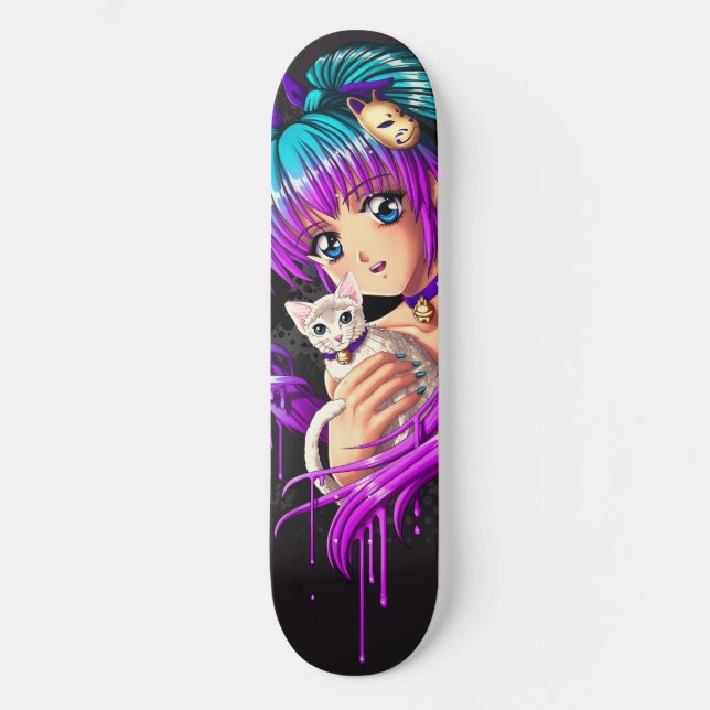 Kitten and Pigtail Manga Girl Skateboard (Front)