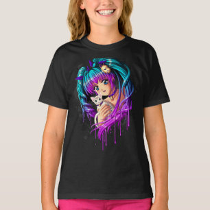 Kitten and Pigtail Manga Girl T-Shirt