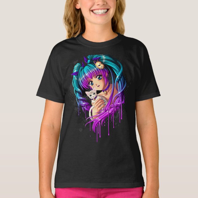 Kitten and Pigtail Manga Girl T-Shirt (Front)