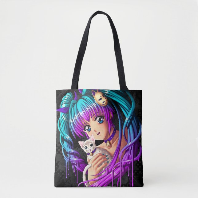 Kitten and Pigtail Manga Girl Tote Bag (Front)