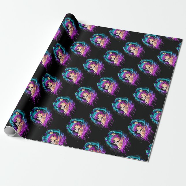 Kitten and Pigtail Manga Girl Wrapping Paper (Unrolled)