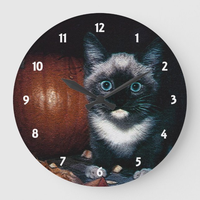 Kitten and Pumpkin for Halloween Large Clock (Front)