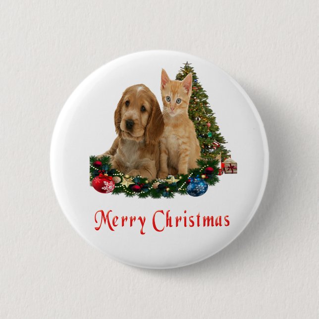 kitten and puppy Christmas button (Front)