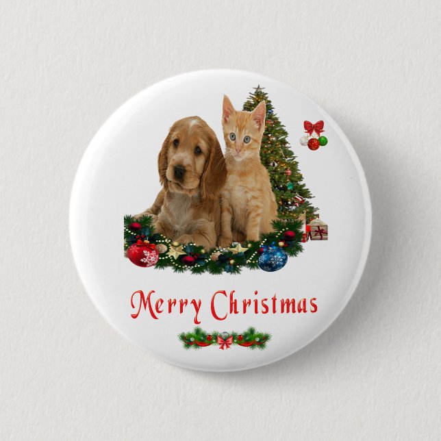 kitten and puppy Christmas button (Front)