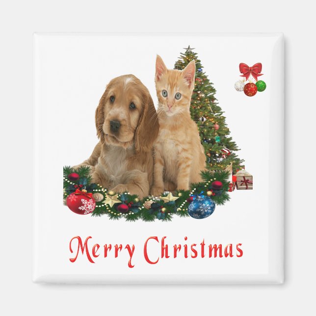 Kitten and puppy Christmas magnet (Front)