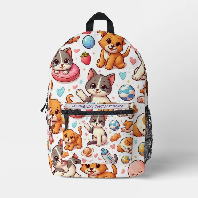Kitten and puppy pattern personalised kids  printed backpack (Front)