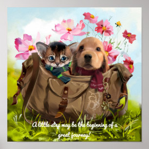 Kitten and puppy travel in a bag poster