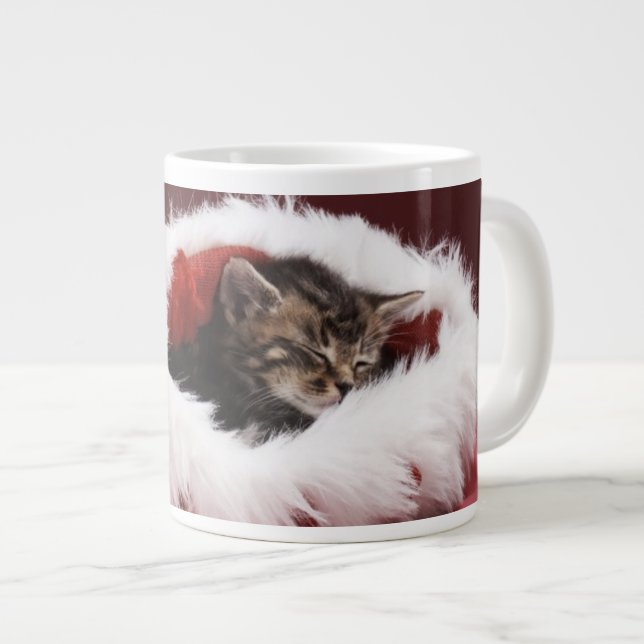 Kitten asleep in Christmas hat Large Coffee Mug (Front Right)