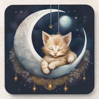 Kitten Asleep On Crescent Moon Object Coaster