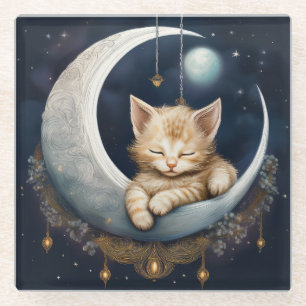 Kitten Asleep On Crescent Moon Object Glass Coaster