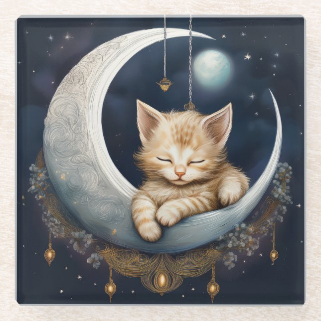 Kitten Asleep On Crescent Moon Object Glass Coaster (Front)