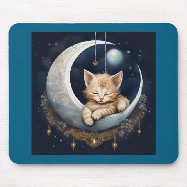 Kitten Asleep On Crescent Moon Object Mouse Mat (Front)