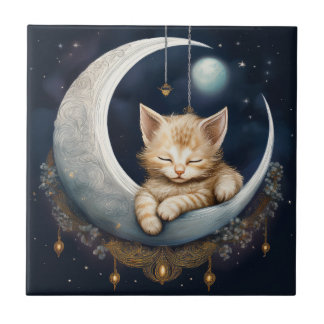 Kitten Asleep On Crescent Moon Object Tile