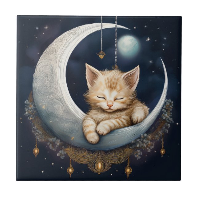 Kitten Asleep On Crescent Moon Object Tile (Front)