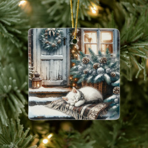 Kitten Asleep on Festive Front Porch Christmas Ceramic Ornament