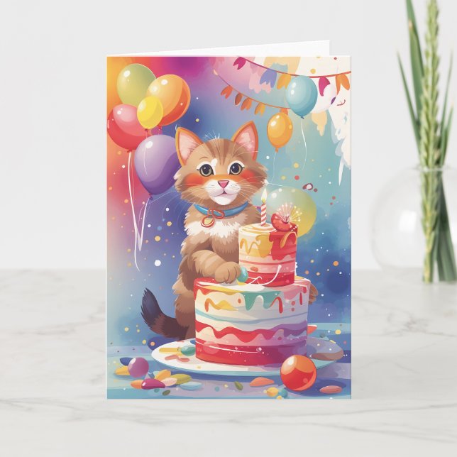 Kitten at Colourful Celebration Party Card (Front)