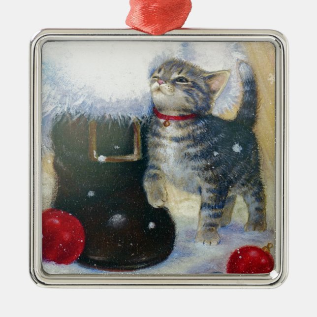 Kitten at Santa's Boot Metal Tree Decoration (Front)