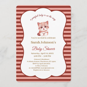 Kitten Baby Shower Pink and Burgundy Stripes Invitation