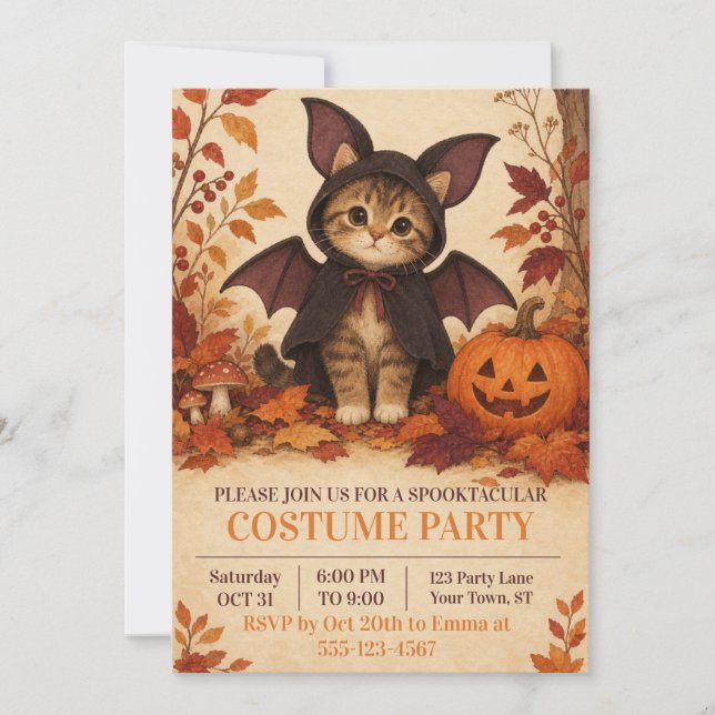 Kitten Bat Costume Halloween Party Invitation (Front)