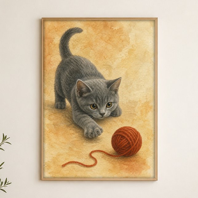 Kitten Batting a Yarn Ball Watercolour Poster (Shown framed for scale. Poster ships unframed; frames are an optional add-on.)