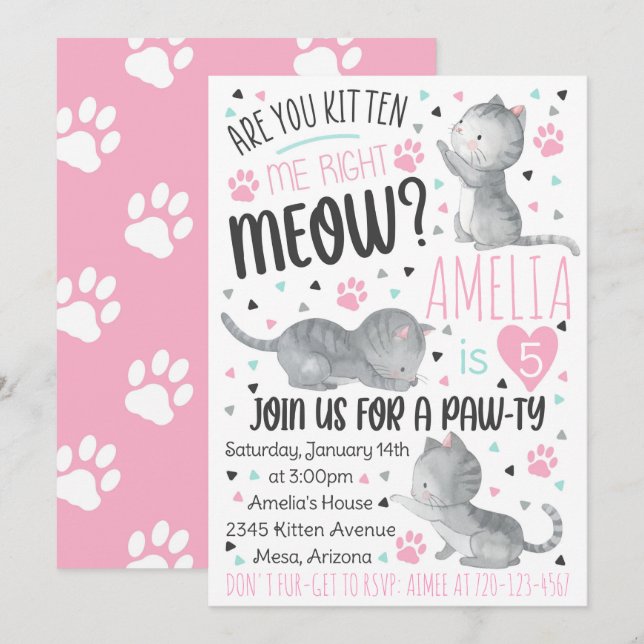 Kitten Birthday Invitation, Are You Kitten Me Invitation (Front/Back)