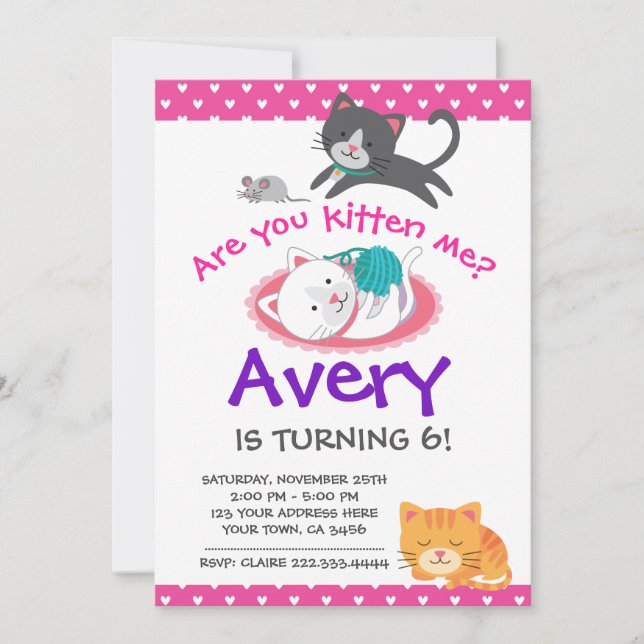 Kitten Birthday Invitation, Pet adoption party Invitation (Front)