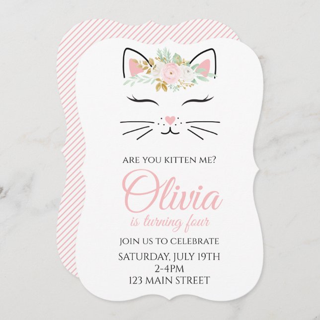 Kitten Birthday Invite with floral kitty face (Front/Back)