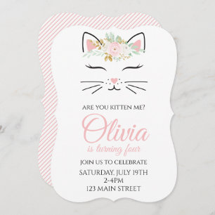 Kitten Birthday Invite with floral kitty face