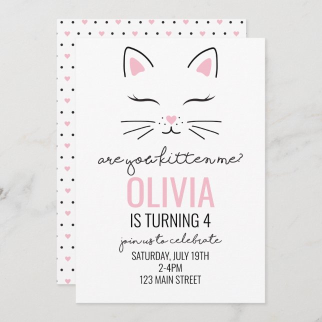 Kitten Birthday Invite with pink hearts kitty face (Front/Back)