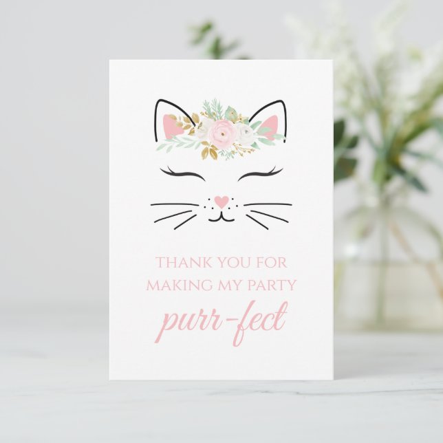 Kitten Birthday Party thank you cards floral kitty (Standing Front)