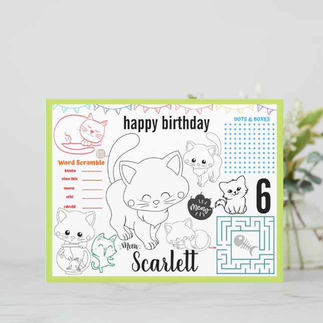 Kitten birthday placemats, Cats activity sheet  (Standing Front)
