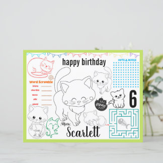 Kitten birthday placemats, Cats activity sheet