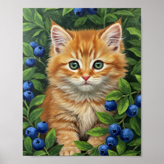Kitten & Blueberries | Oil Painting Art Poster